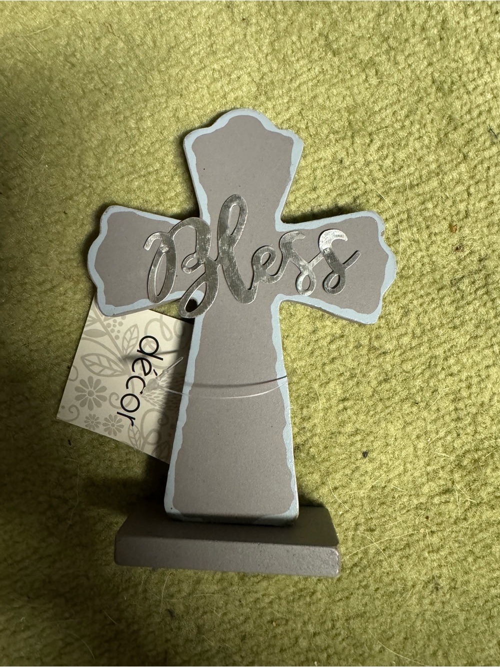 Source Unknown Taupe and Silver 'Bless' Decorative Cross Accent